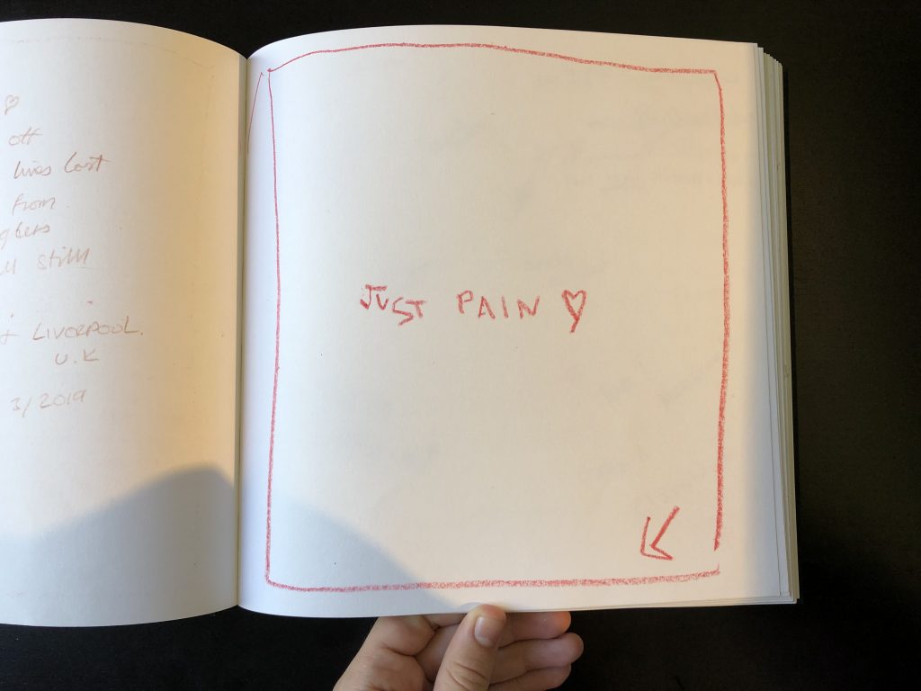 Entry into the visitor log for feedback.  In red color pencil, it says the words "Just pain." placed in the center of the blank page.